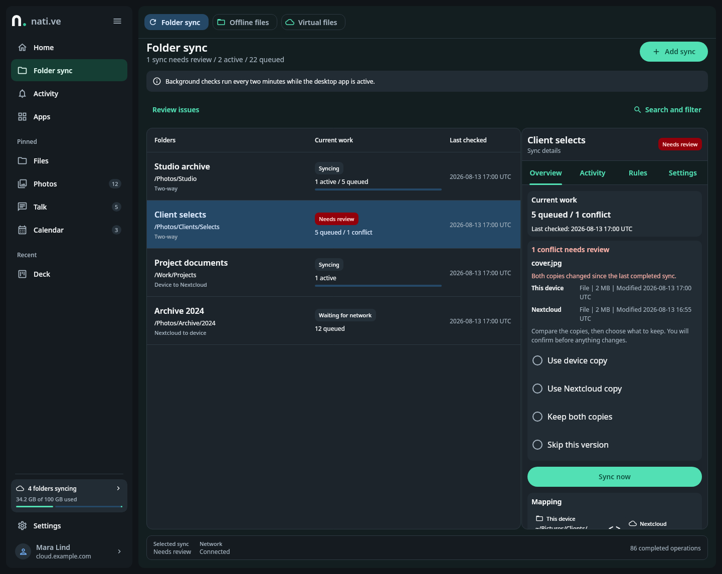 Nextcloud Native desktop folder sync center showing several synthetic folder pairs, live progress, a conflict, and a detailed inspector