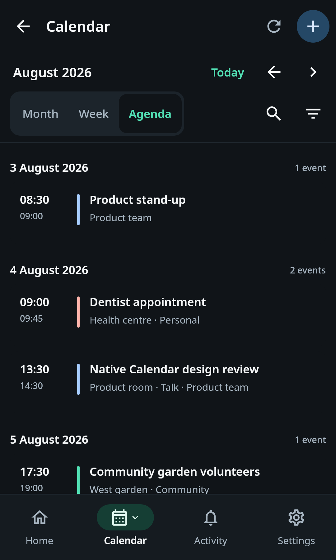 nati.ve Android Calendar screen with a compact month view, touch-sized navigation, an agenda, source labels, and an add-event action