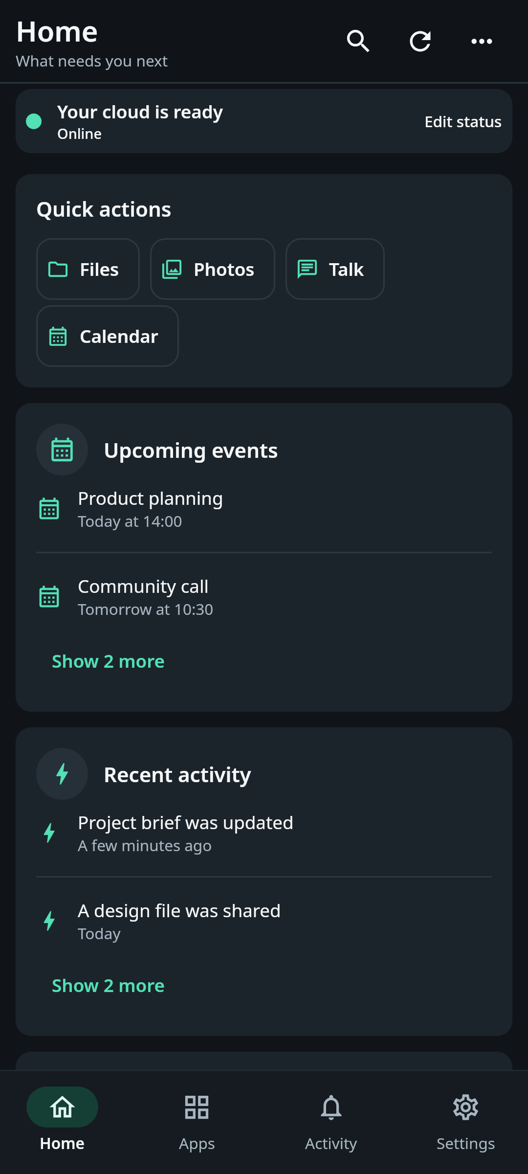 nati.ve Android Home screen showing the connected account status, quick actions, recent files, upcoming events, photo backup, and conversations