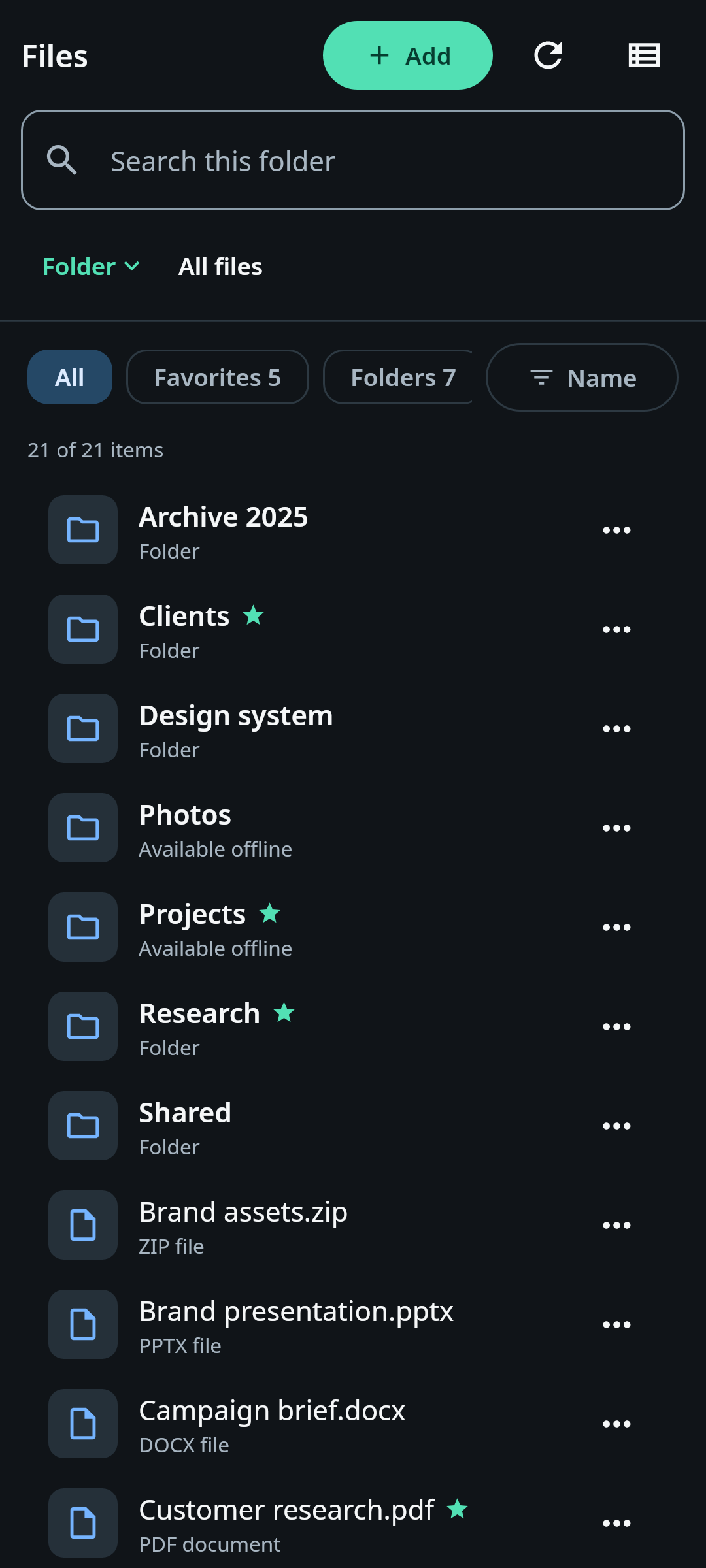nati.ve Android Files workspace showing cloud folders and documents with favorites, previews, transfer state, and offline availability indicators