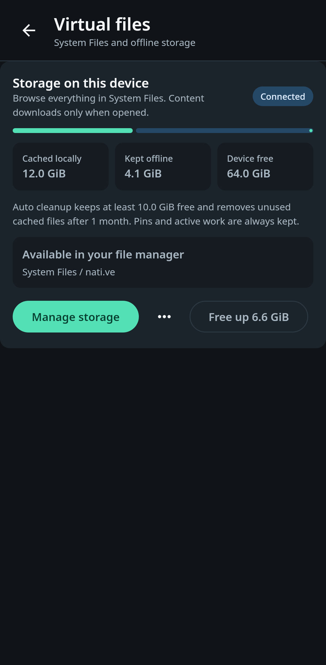 nati.ve Android virtual-file storage view showing the System Files provider, cache usage, protected offline pins, free space, and cleanup policy