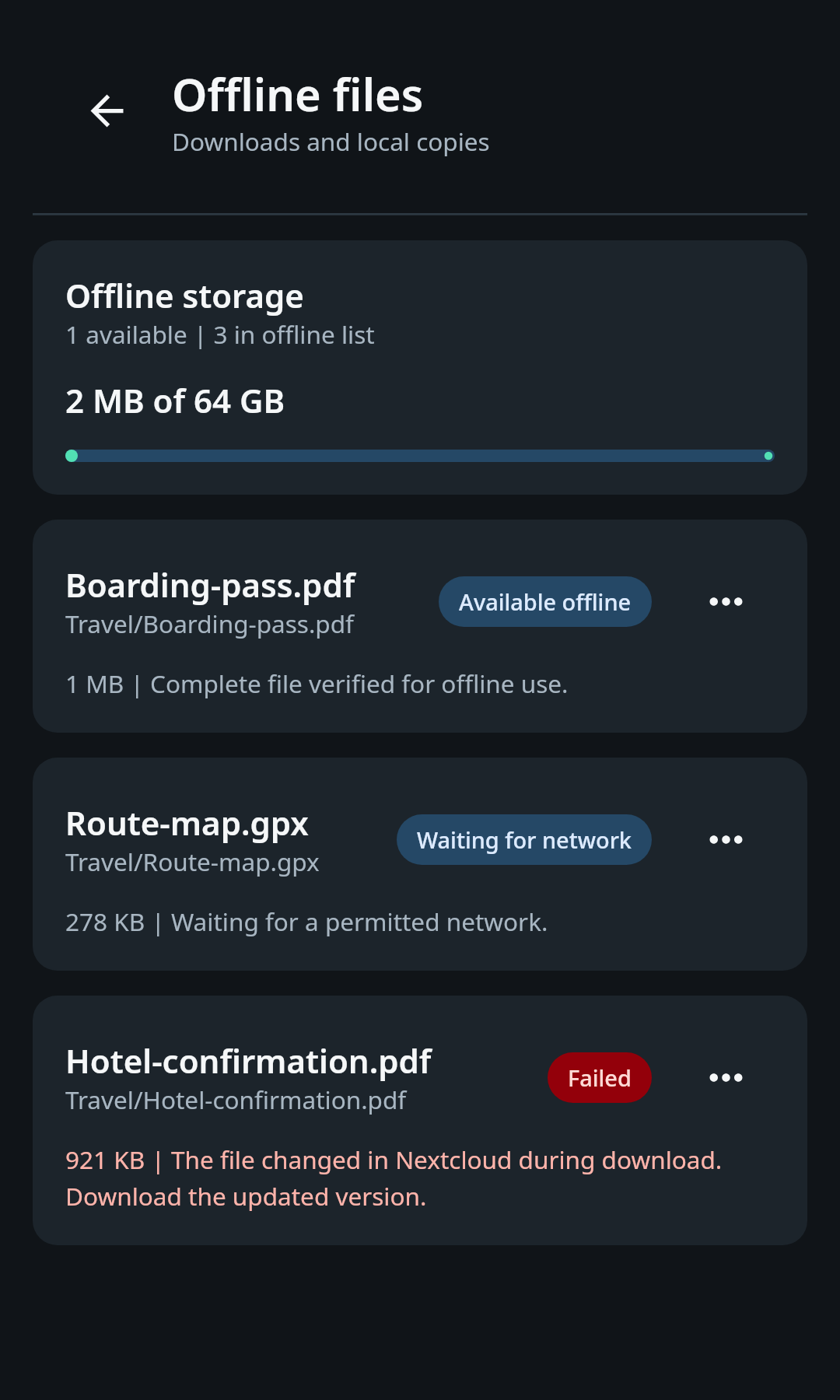 nati.ve Android transfer view with pending, active, failed, and completed work separated into actionable states