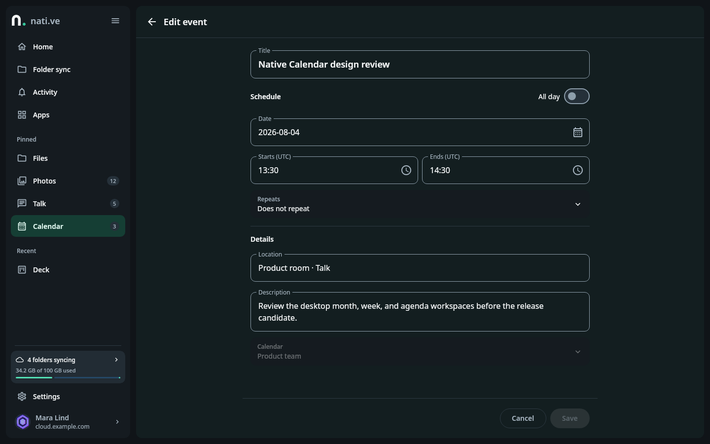 nati.ve desktop event editor with title, recurrence, date, all-day toggle, start and end time, location, description, calendar selection, and Save