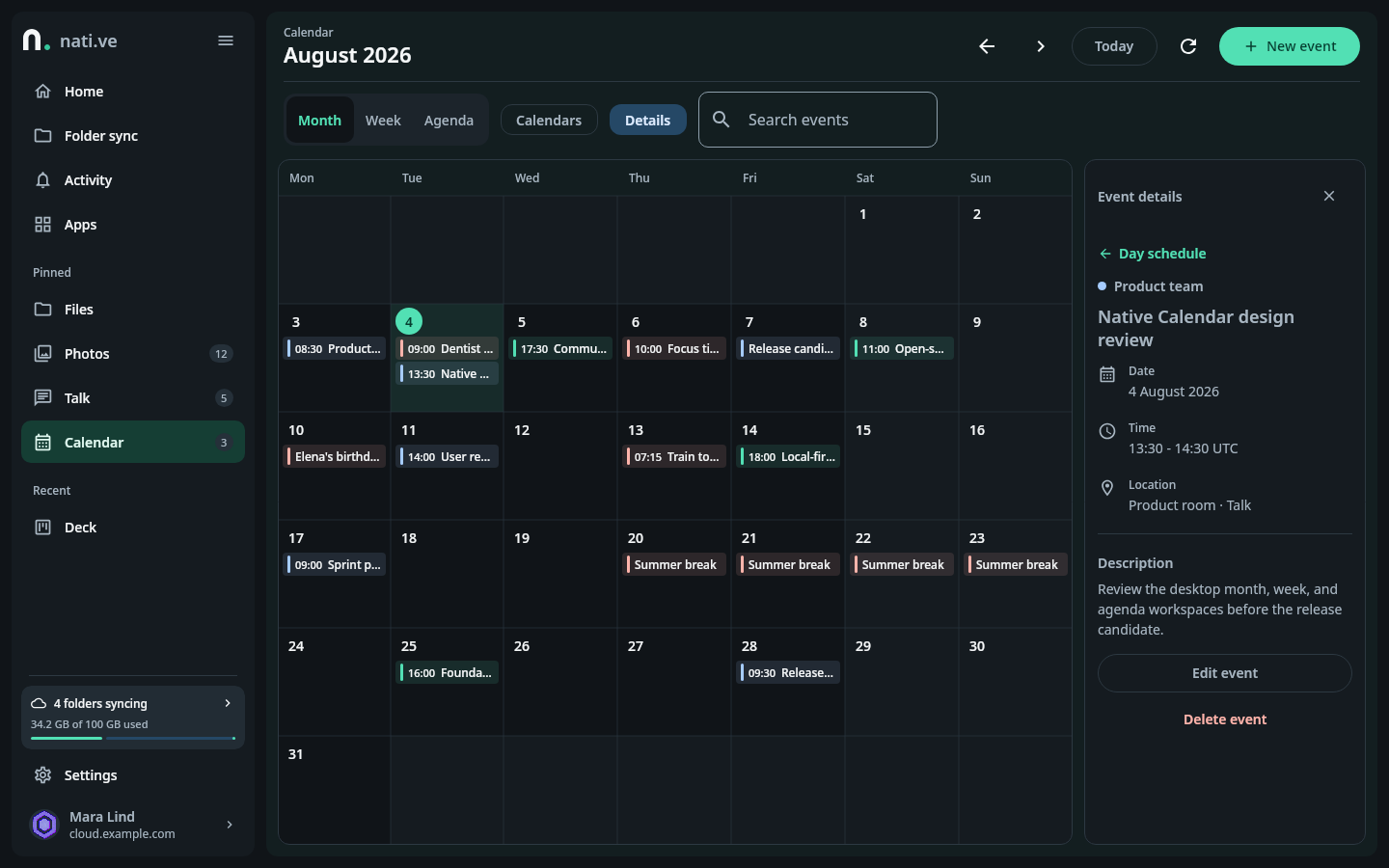 nati.ve desktop Calendar month workspace with source list, date grid, event rows, search, selected event inspector, Today, refresh, and view controls