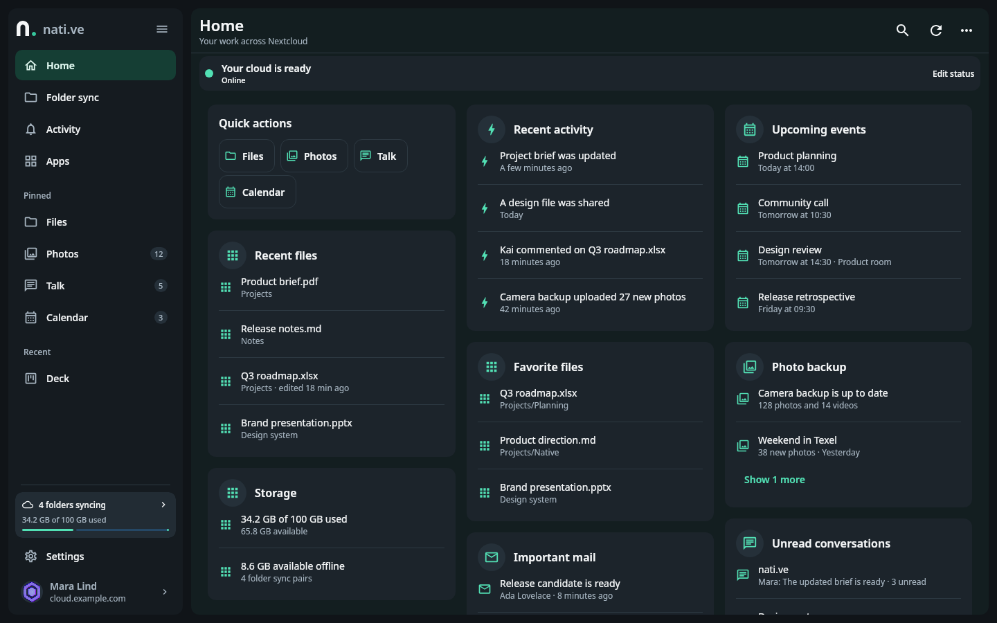 nati.ve desktop Home workspace with connected account status, quick actions, recent files, upcoming events, storage, and persistent navigation