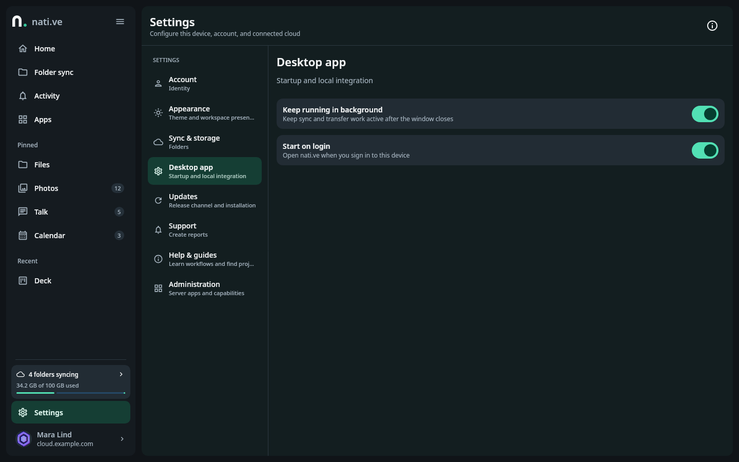 nati.ve desktop Settings workspace with account, appearance, sync and storage, desktop app, updates, support, help, and administration sections