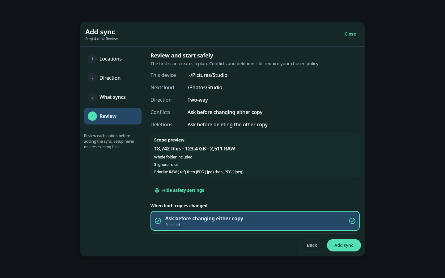 nati.ve Linux folder-sync review showing both roots, two-way direction, file-count preview, and the expanded conflict policy at the start of the scrollable safety settings