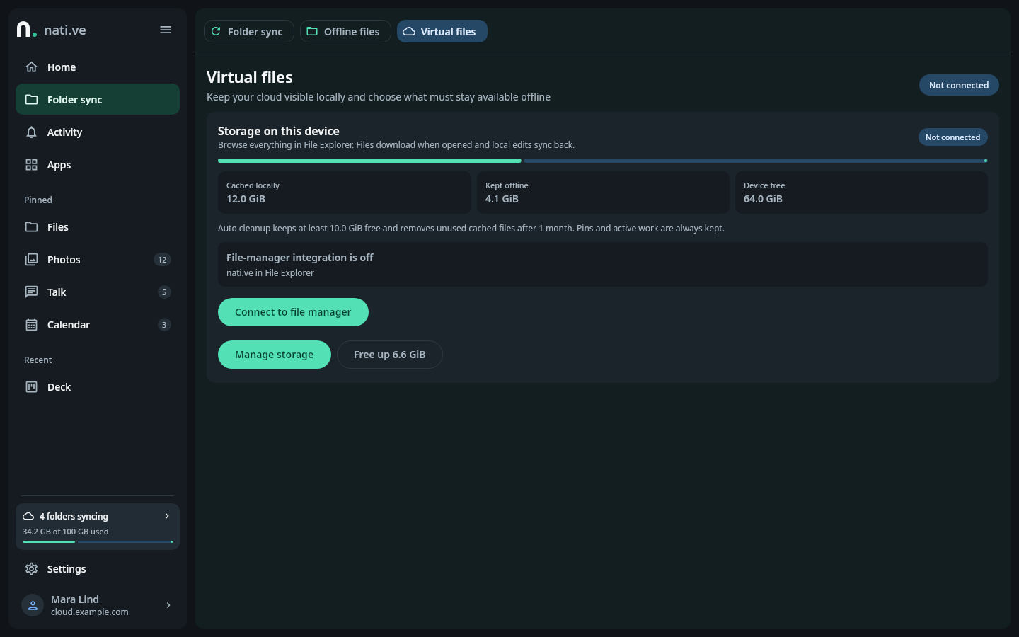 nati.ve Windows sync and storage settings showing virtual files, account storage, local cache, and the system-integration action