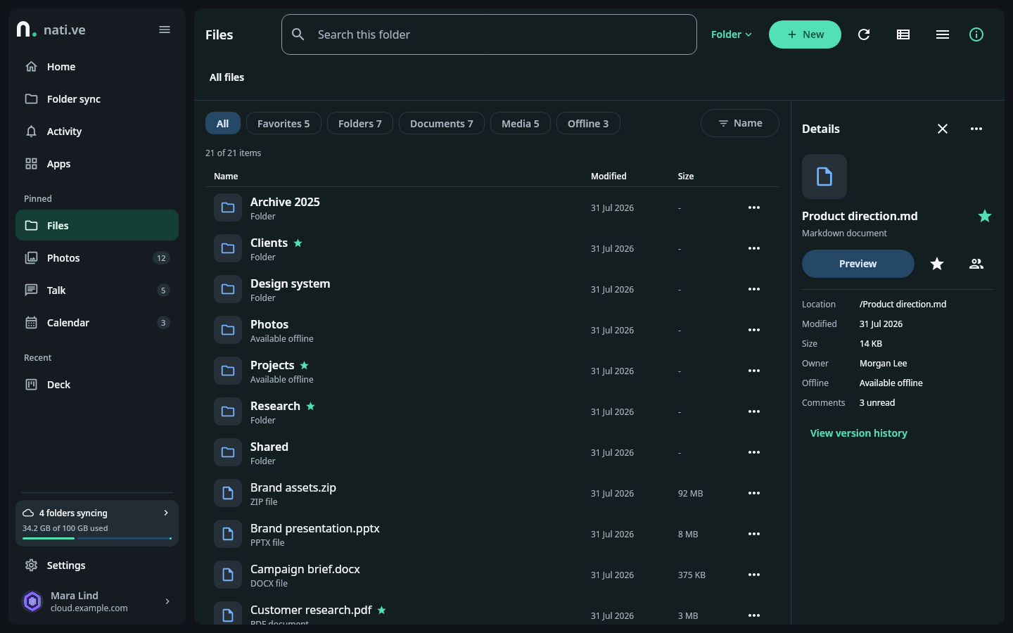 nati.ve Files workspace with folders, search, offline availability, and file details
