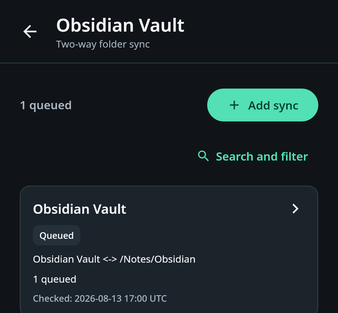 Nextcloud Native showing a synthetic Obsidian vault two-way sync pair with pending and completed transfer counts on mobile
